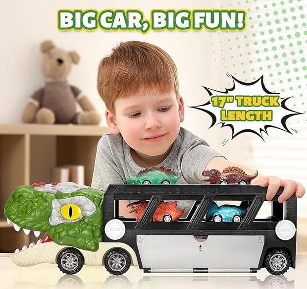 Dinosaur Truck Toy for Toddlers | 2-Player Racing Track & Transport Carrier with Lights & Sounds | T-Rex Toy Cars & Accessories | Interactive Dino Gift for Boys & Girls (Ages 2-7)
