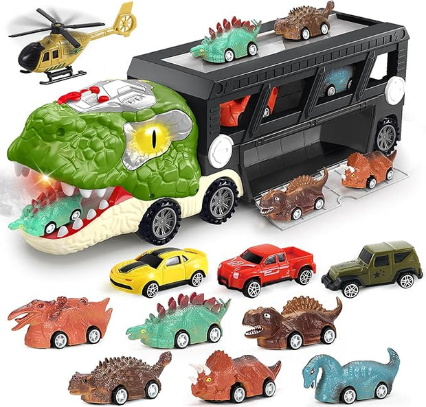 Dinosaur Truck Toy for Toddlers | 2-Player Racing Track & Transport Carrier with Lights & Sounds | T-Rex Toy Cars & Accessories | Interactive Dino Gift for Boys & Girls (Ages 2-7)