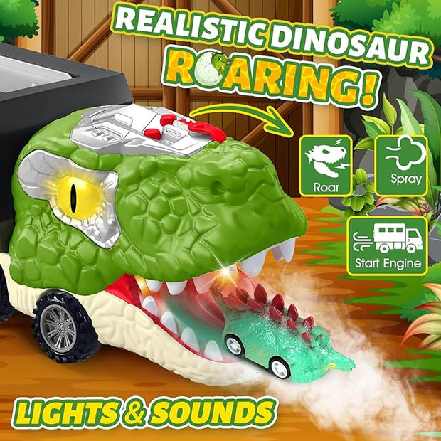 Dinosaur Truck Toy for Toddlers | 2-Player Racing Track & Transport Carrier with Lights & Sounds | T-Rex Toy Cars & Accessories | Interactive Dino Gift for Boys & Girls (Ages 2-7)