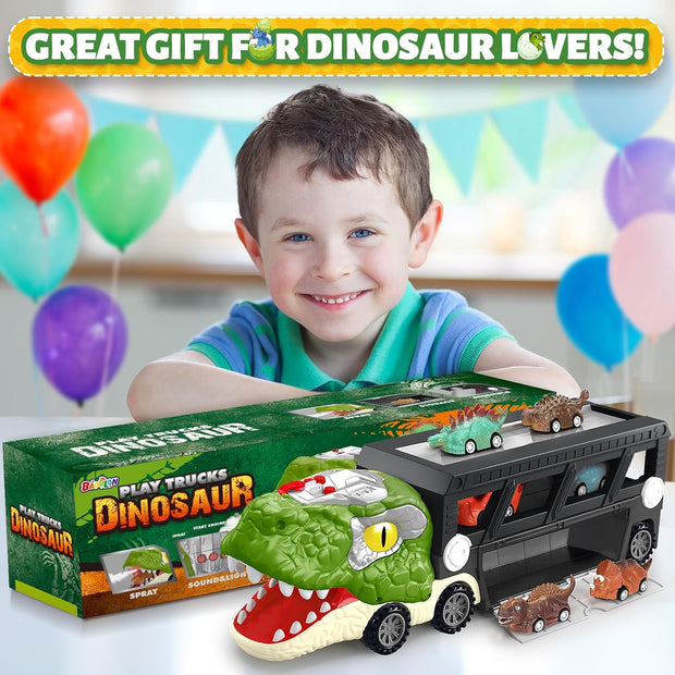 Dinosaur Truck Toy for Toddlers | 2-Player Racing Track & Transport Carrier with Lights & Sounds | T-Rex Toy Cars & Accessories | Interactive Dino Gift for Boys & Girls (Ages 2-7)