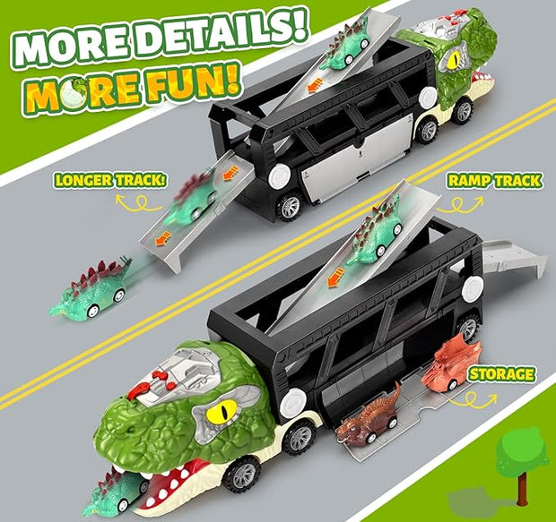 Dinosaur Truck Toy for Toddlers | 2-Player Racing Track & Transport Carrier with Lights & Sounds | T-Rex Toy Cars & Accessories | Interactive Dino Gift for Boys & Girls (Ages 2-7)