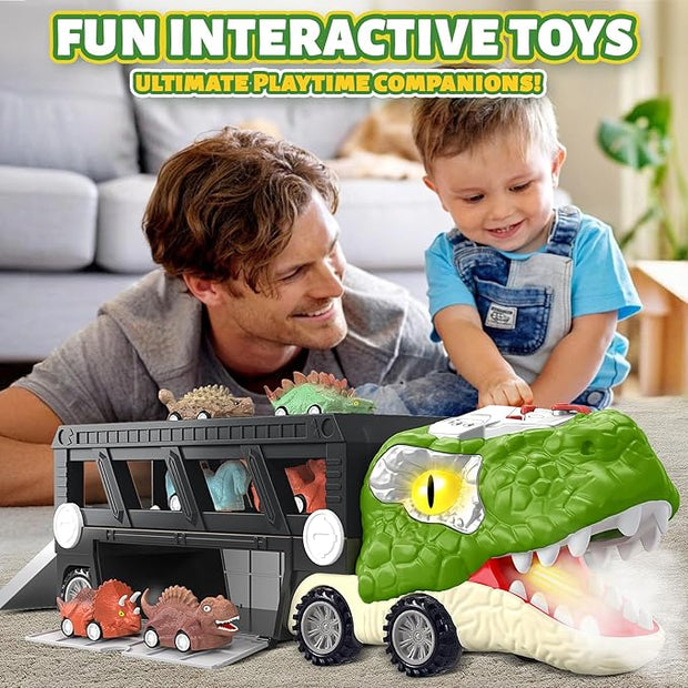 Dinosaur Truck Toy for Toddlers | 2-Player Racing Track & Transport Carrier with Lights & Sounds | T-Rex Toy Cars & Accessories | Interactive Dino Gift for Boys & Girls (Ages 2-7)