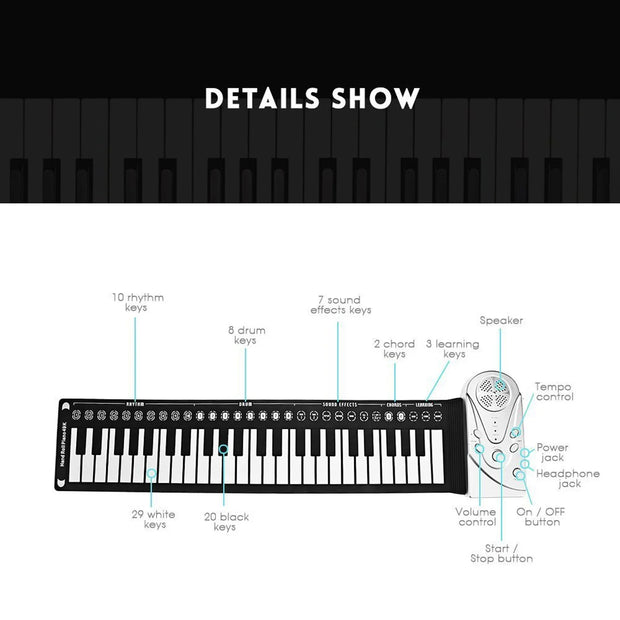 49-Key Portable Roll-Up Electronic Piano Keyboard | Rechargeable Soft Silicone Keys | 16 Tones, 6 Demo Songs | Ideal Beginner Gift (Silvery)
